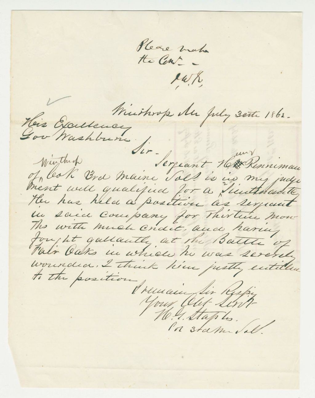 Miniature of Colonel Staples recommends Sergeant Henry Penneman for promotion