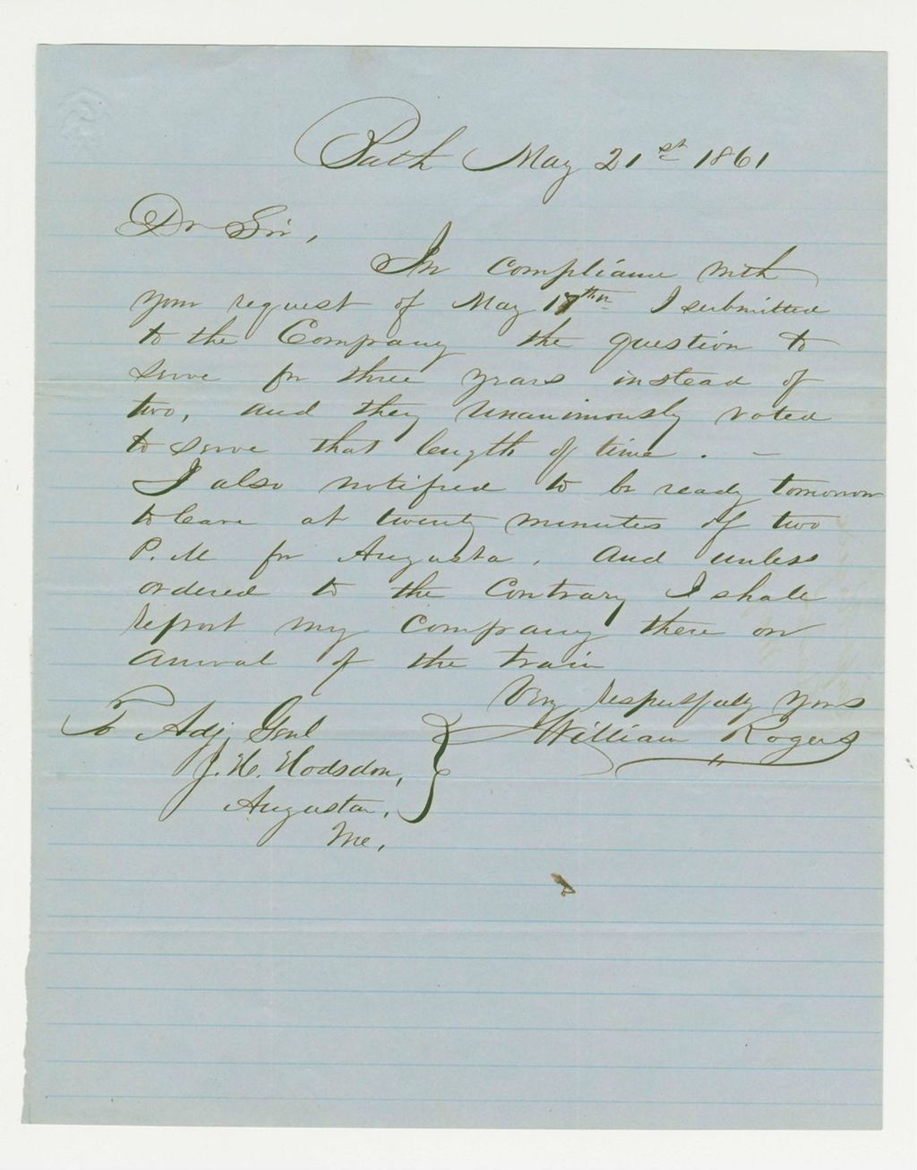 Miniature of William Rogers reports his company unanimously voted to serve three years instead of two