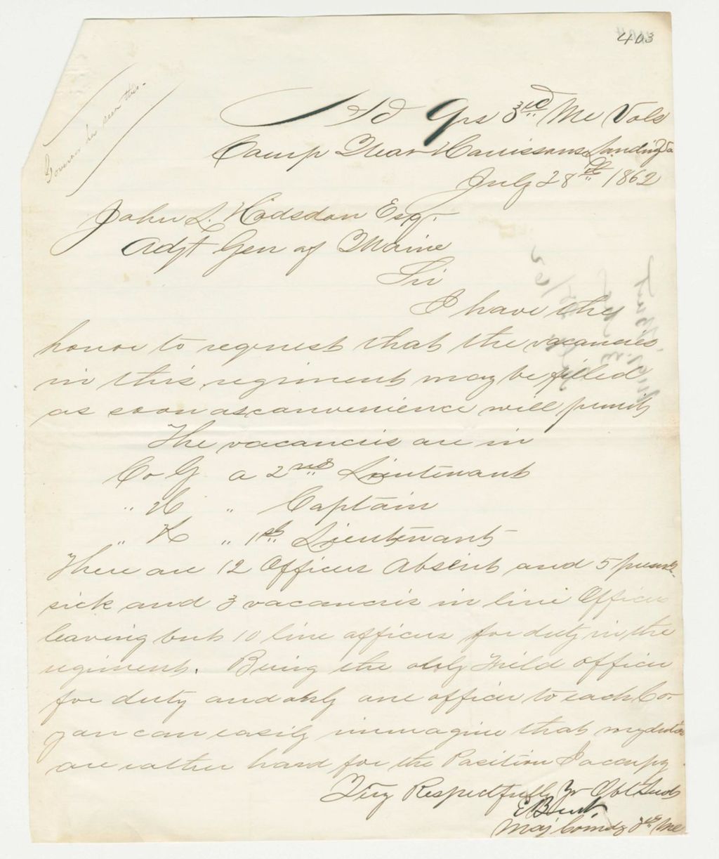 Miniature of Major Burt requests that vacancies in the regiment be filled as soon as possible