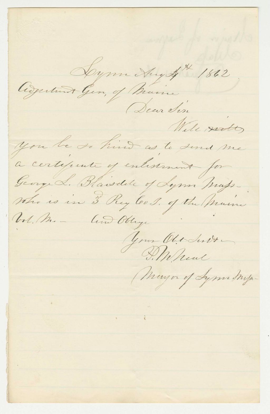 Miniature of P. Neal requests a certificate of enlistment for George L. Blaisdell
