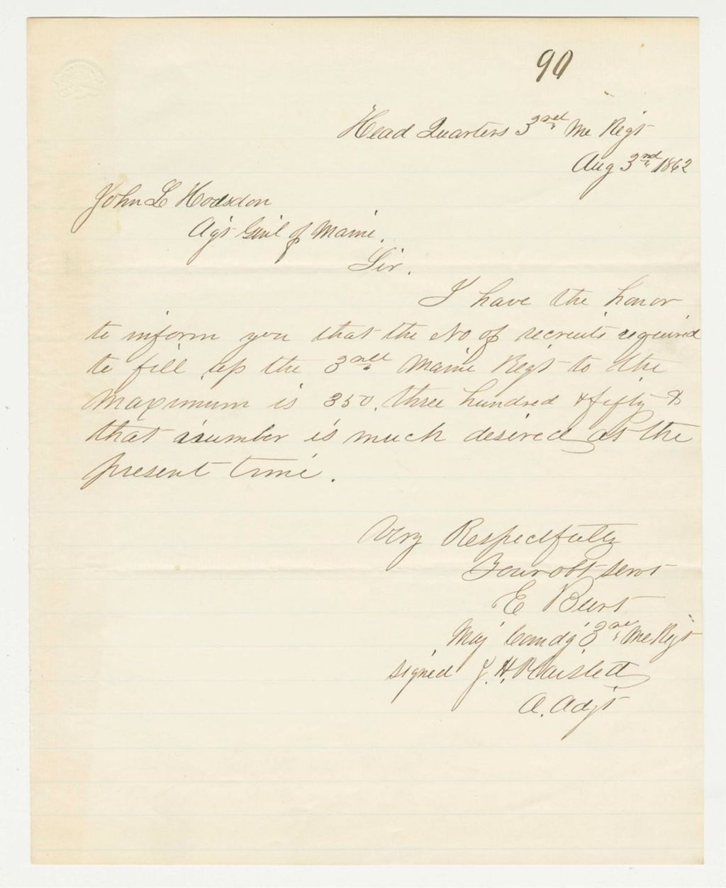 Miniature of Major Burt requests 350 recruits to fill the 3rd Regiment