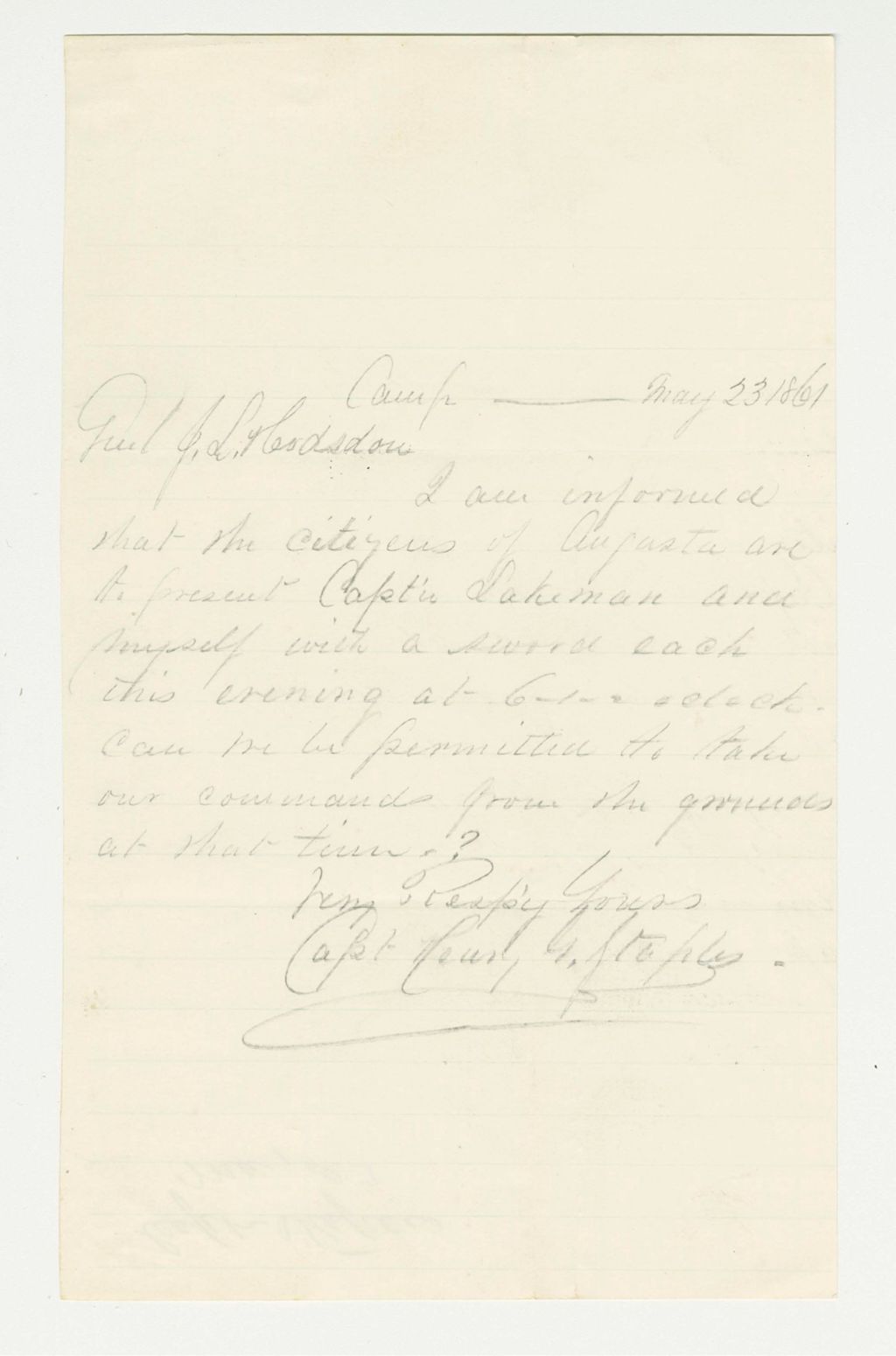 Miniature of Captain Henry Staples inquires about ceremony to receive his sword
