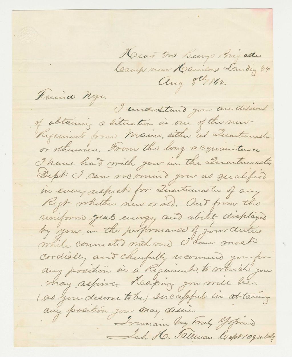 Miniature of Captain Tallman recommends Mr. Nye for promotion to Quarter Master