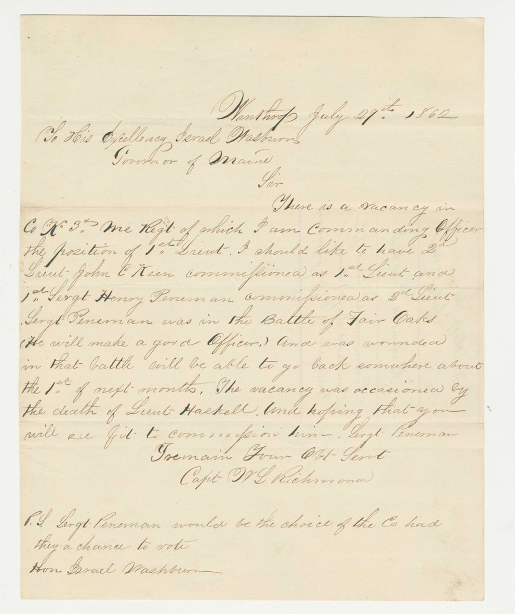 Miniature of Captain W.L. Richmond recommends Lieutenant J.C. Keen and Sergeant Henry Peneman for promotion