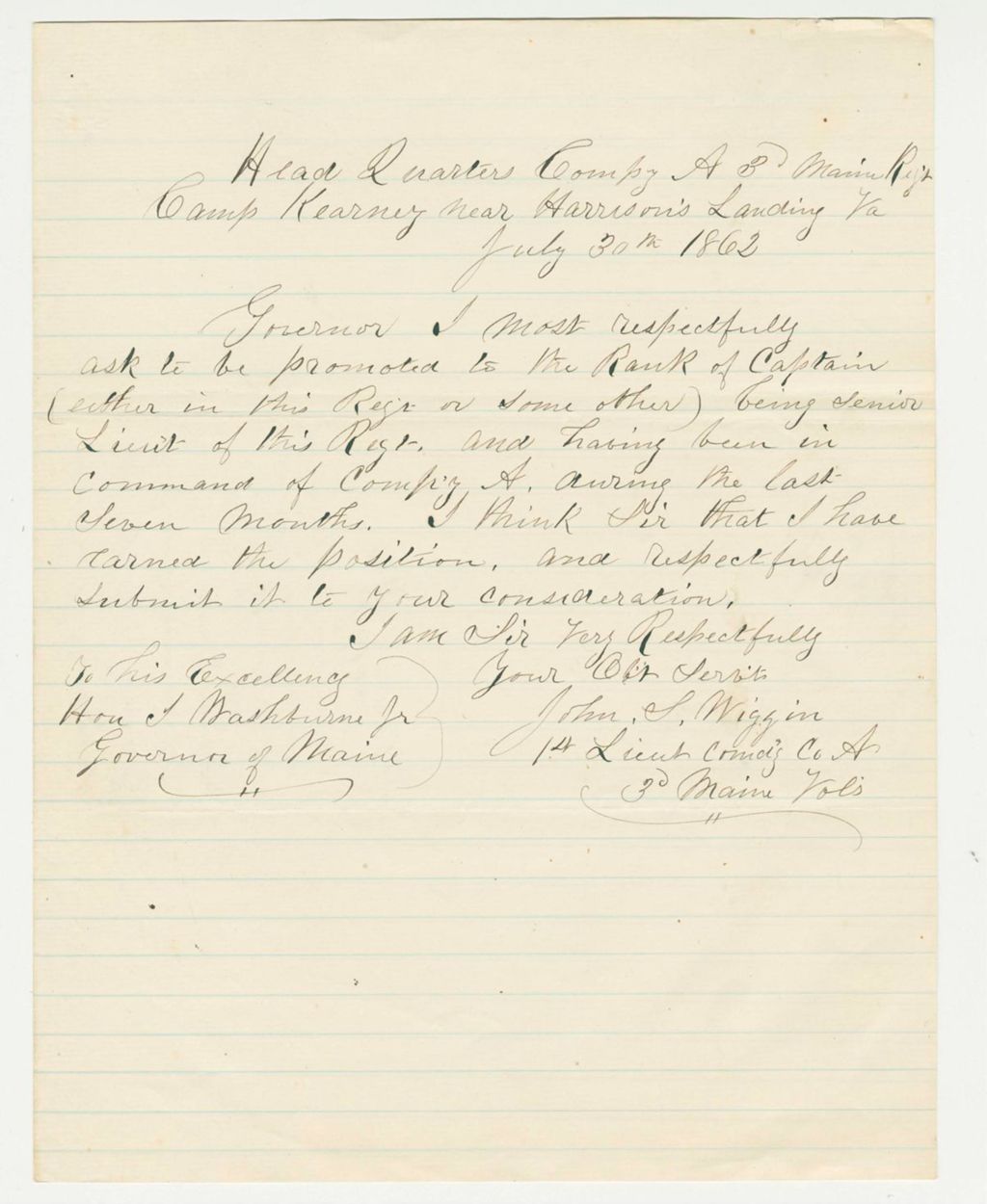 Miniature of Lieutenant John Wiggin of Company A requests a promotion to Captain