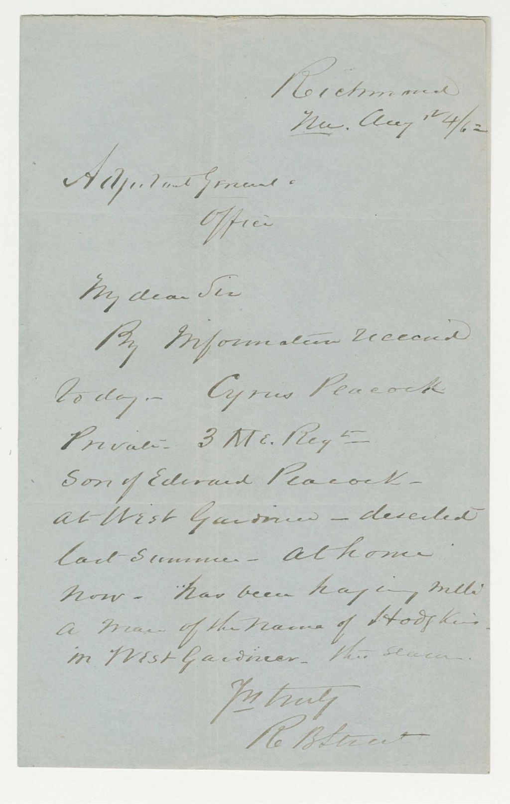 Miniature of R.B. Strout reports on deserters Cyrus Peacock and Asa Carleton