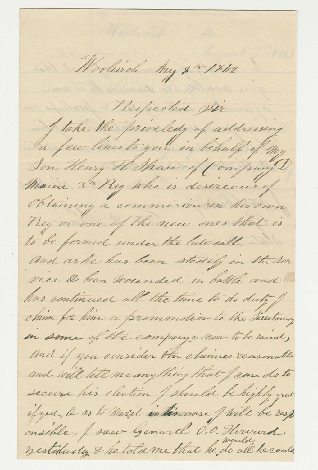 Miniature of G.W. Shaw seeks a promotion for his son Henry