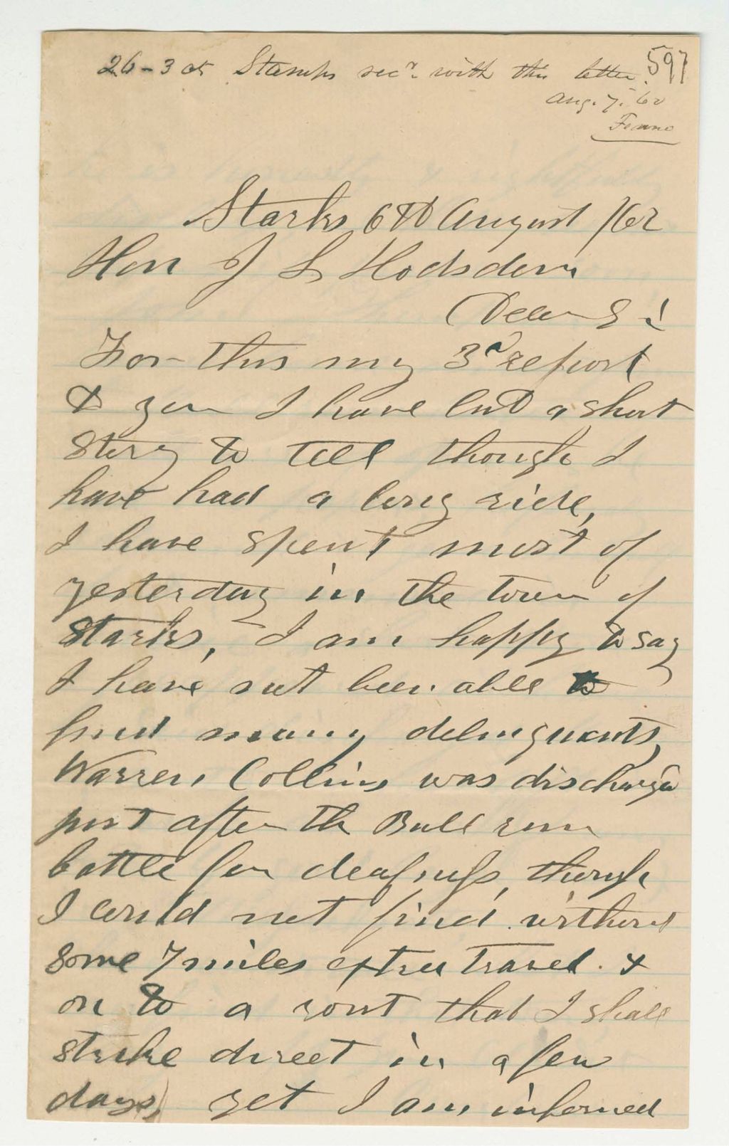 Miniature of Oren Currier writes General Hodsdon of his trip to Starks looking for deserters