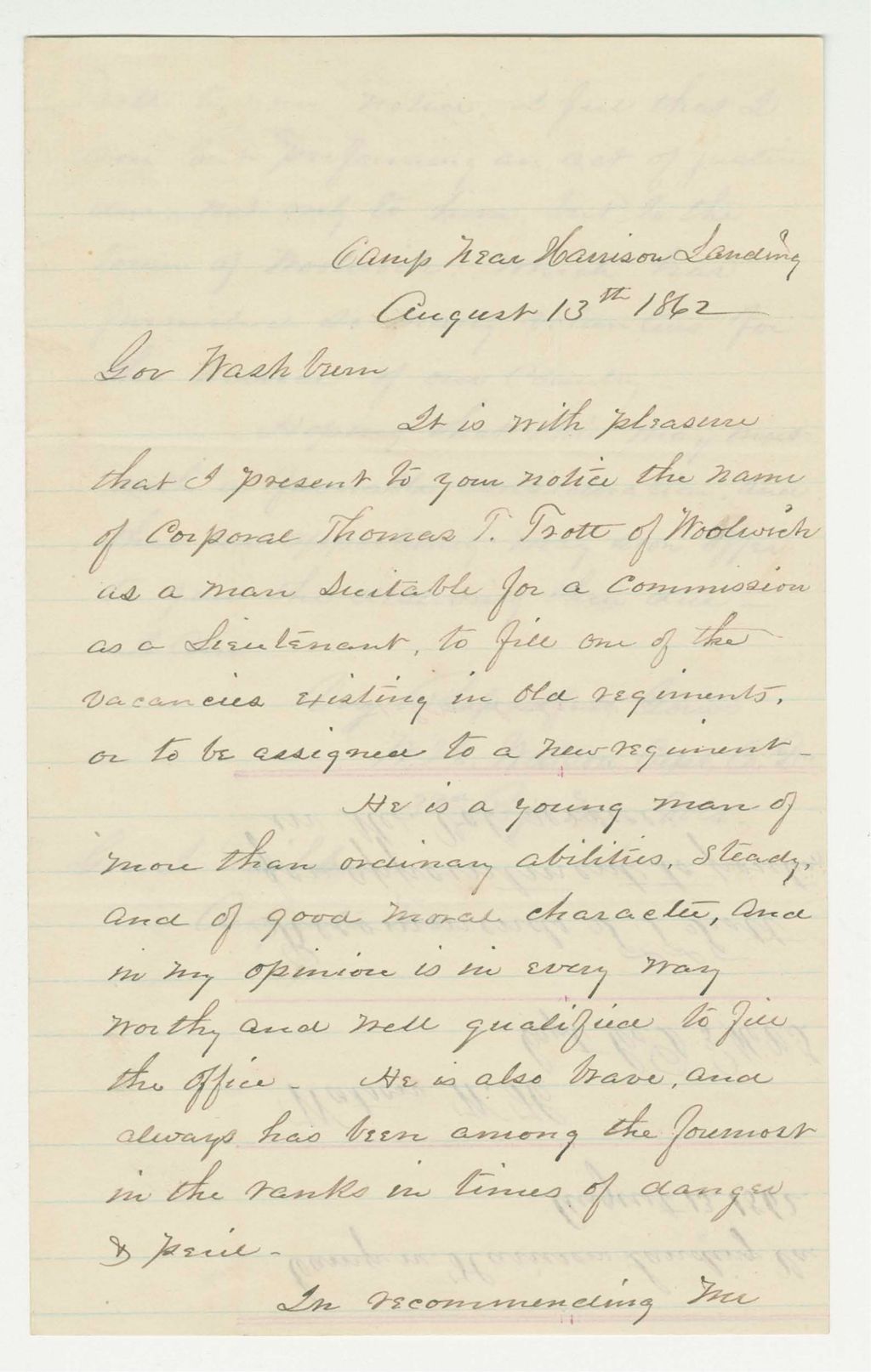 Miniature of Captain Watson recommends Corporal Thomas Trott for commission as lieutenant