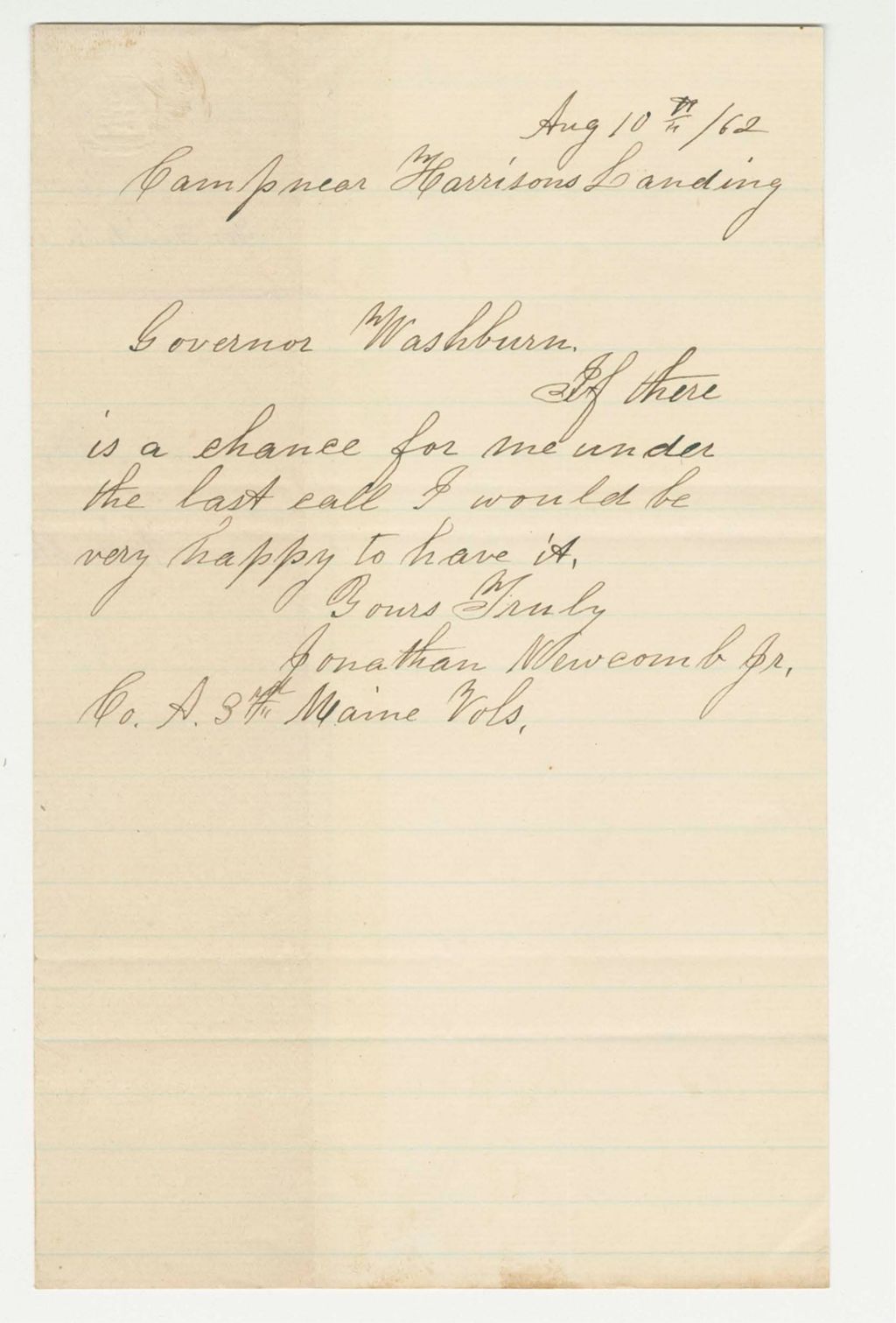 Miniature of Jonathan Newcomb, Jr. requests a position in a new regiment