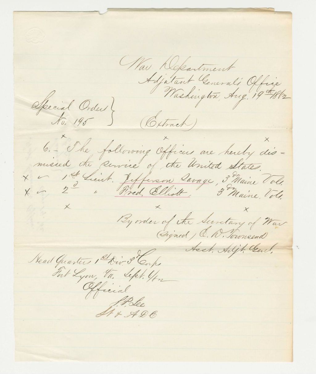 Miniature of Special Order 195 dismissing Lieutenants Jefferson Savage and Fred Elliott from service