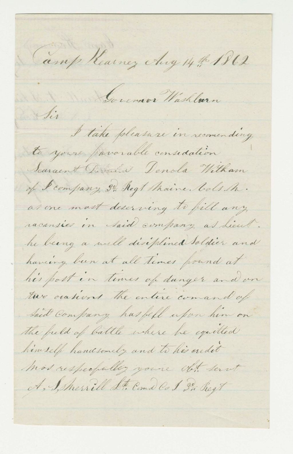 Miniature of Lieutenant Merrill recommends Sergeant Denola Witham for promotion to lieutenant