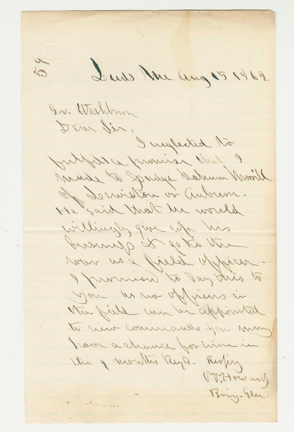 Miniature of Brigadier General Oliver Otis Howard recommends Nahum Morrill for a commission