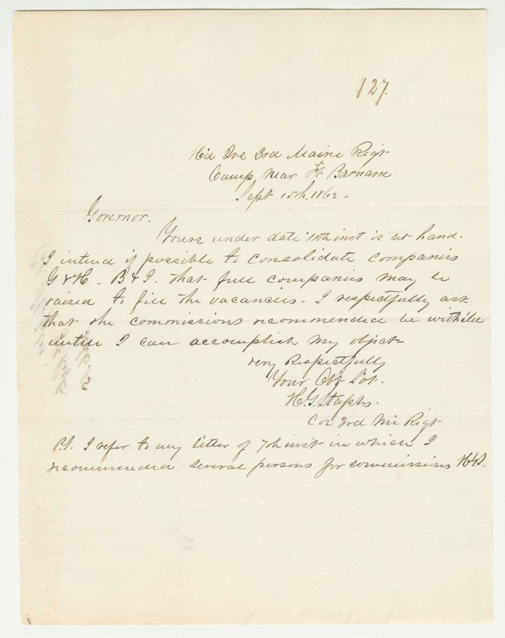 Miniature of Colonel Staples informs Governor Washburn that he intends to consolidate Companies G, H, B and I