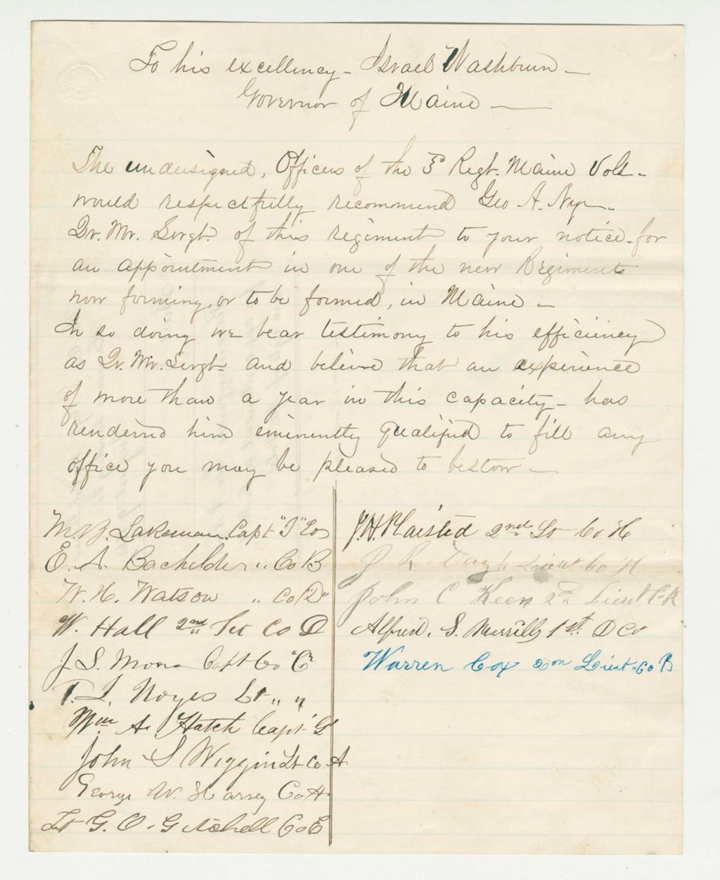 Miniature of Petition from officers of the 3rd Regiment recommending George A. Nye for an appointment in a new regiment