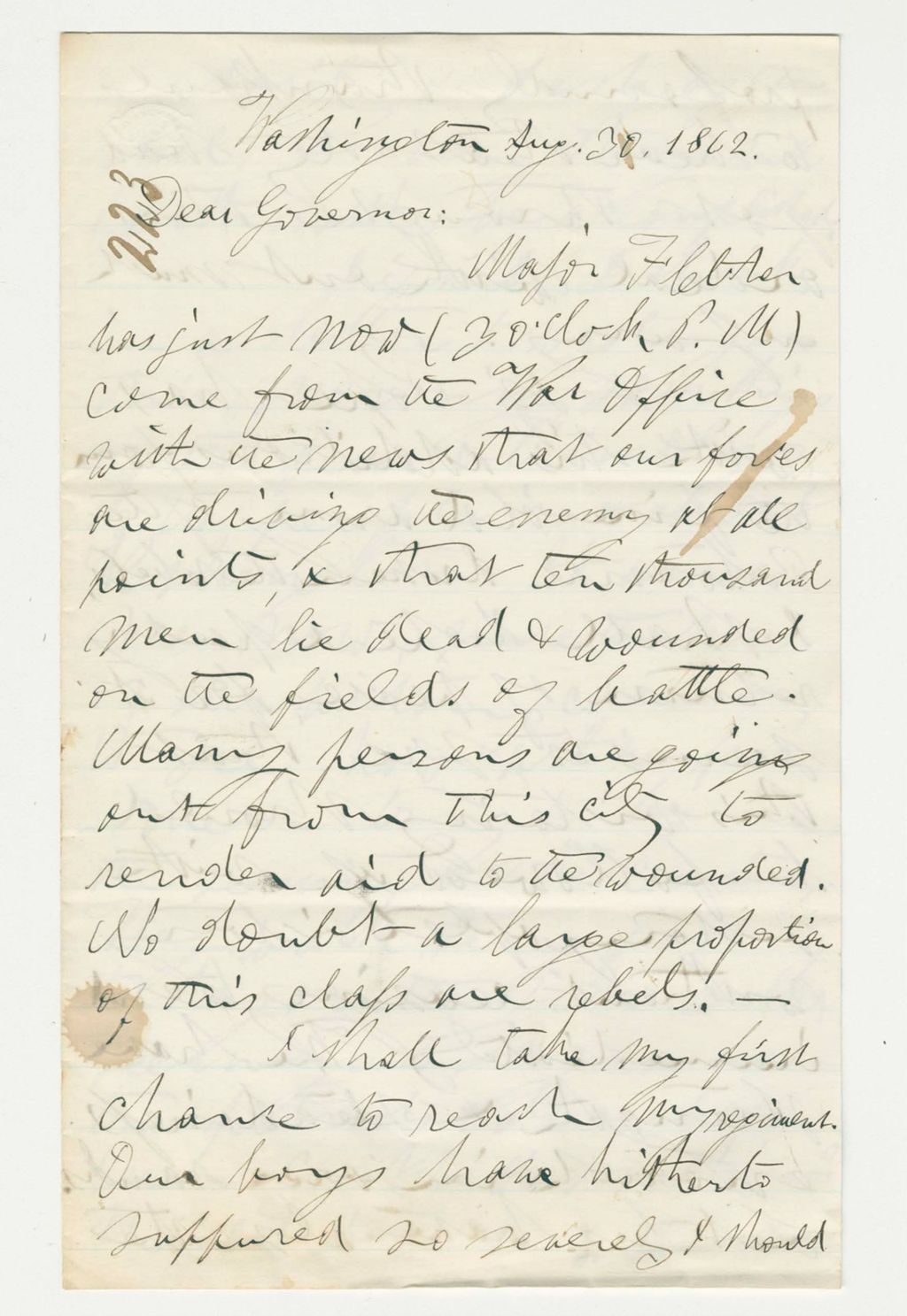 Miniature of Chaplain Leonard reports that "10,000 men lie dead and wounded on the field of battle" in Manassas