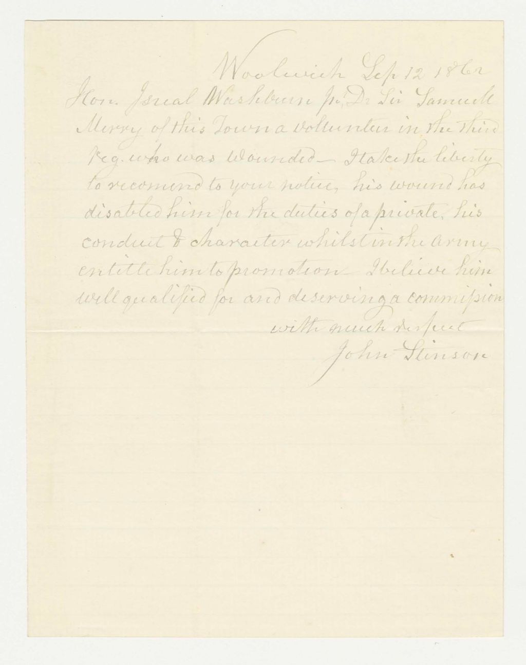 Miniature of John Stinson recommends the wounded Samuel Murry for a commission