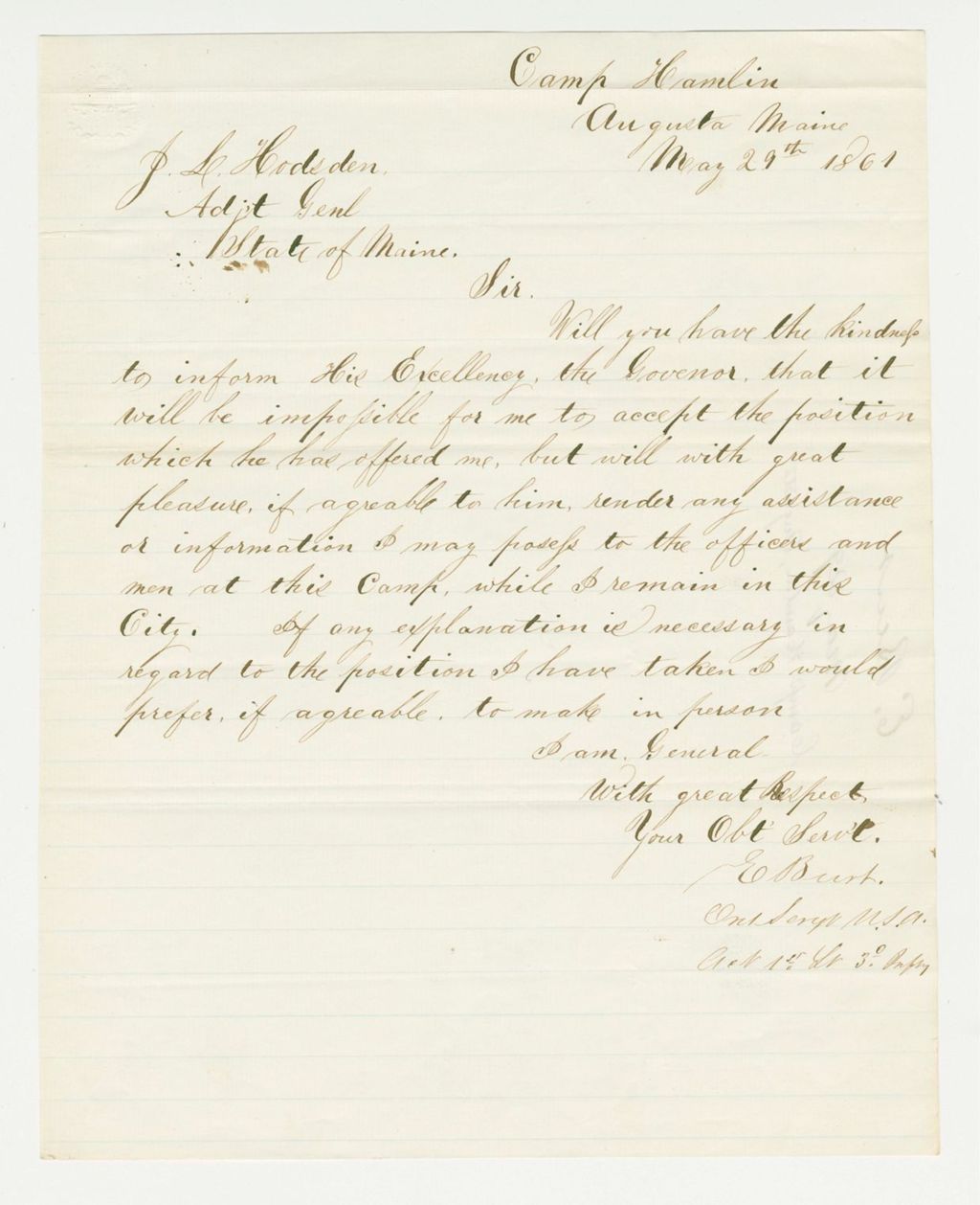 Miniature of Edwin Burt refuses position offered him but offers to find a replacement