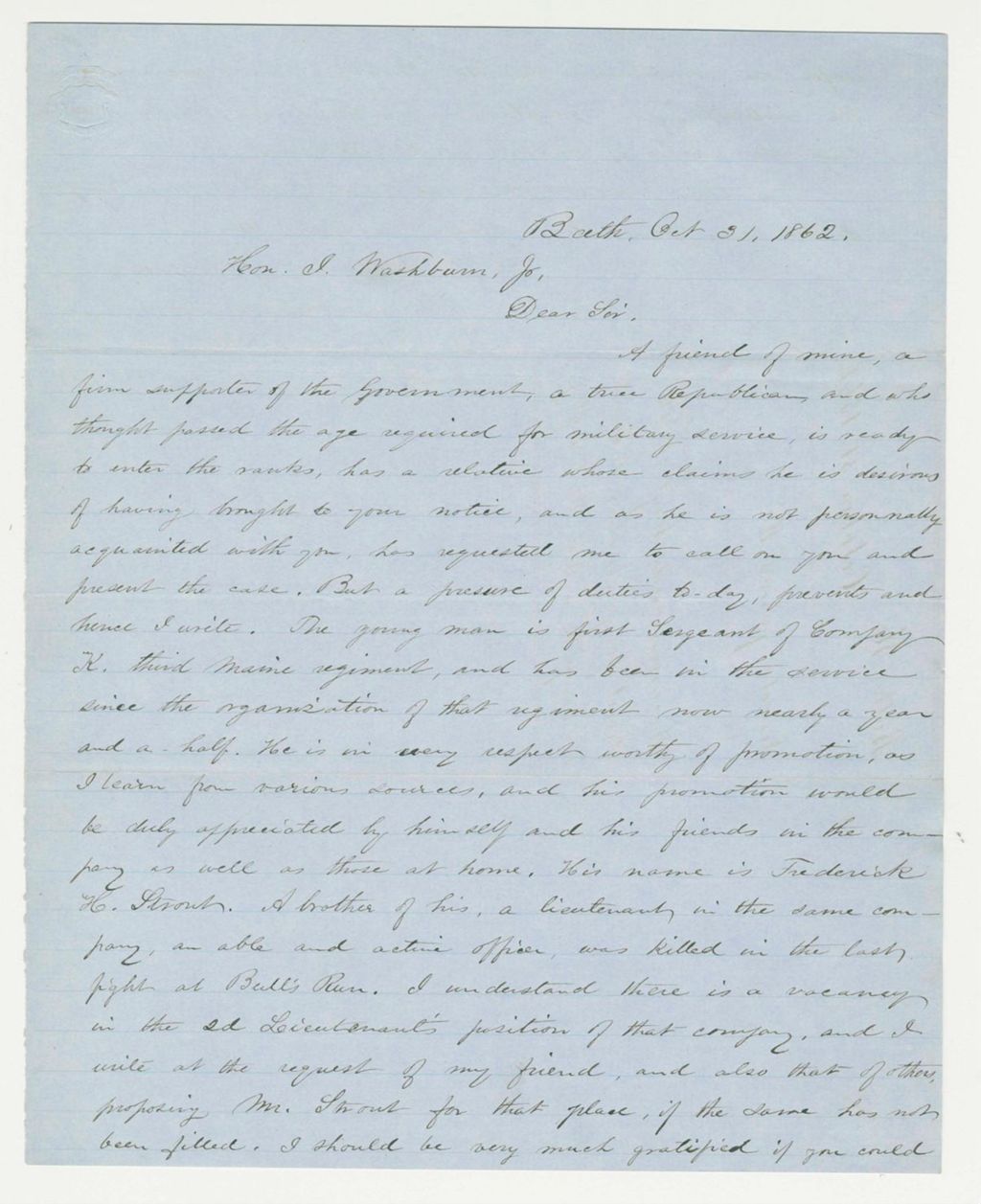 Miniature of James M. Lincoln recommends Sergeant F.H. Strout for promotion