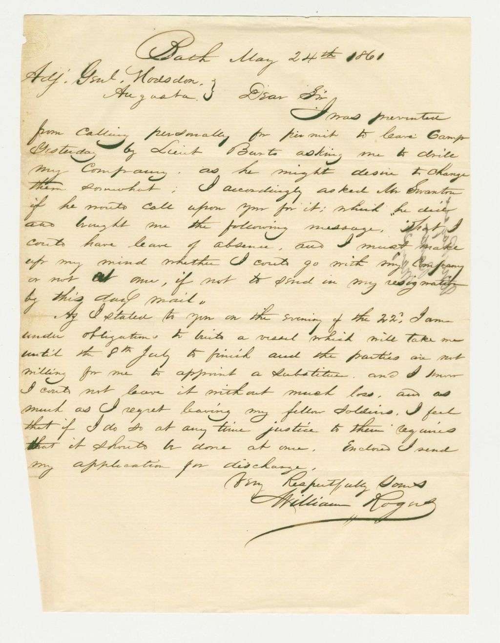 Miniature of William Rogers sends his application for discharge