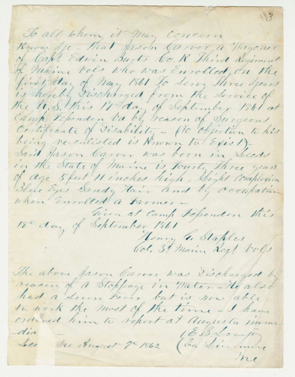 Miniature of Discharge for Jason Carver, wagoner of Company K, for disability