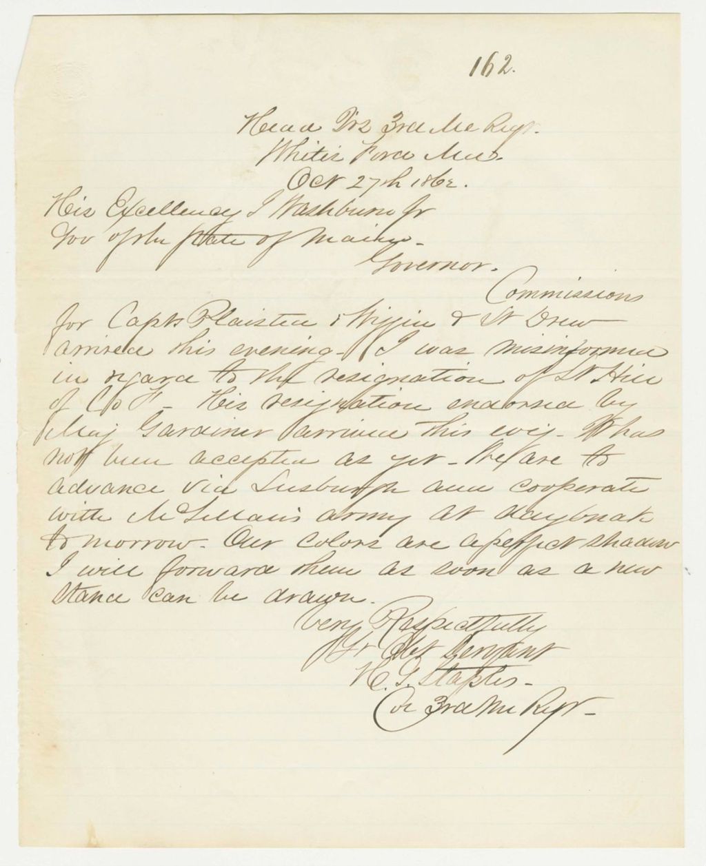 Miniature of Colonel Staples acknowledges receipt of commissions for Plaisted, Wiggins, and Drew
