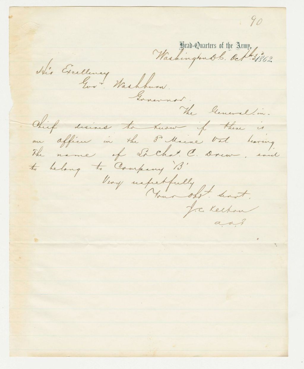Miniature of General-in-Chief inquires about Lieutenant Charles C. Crew of Company B