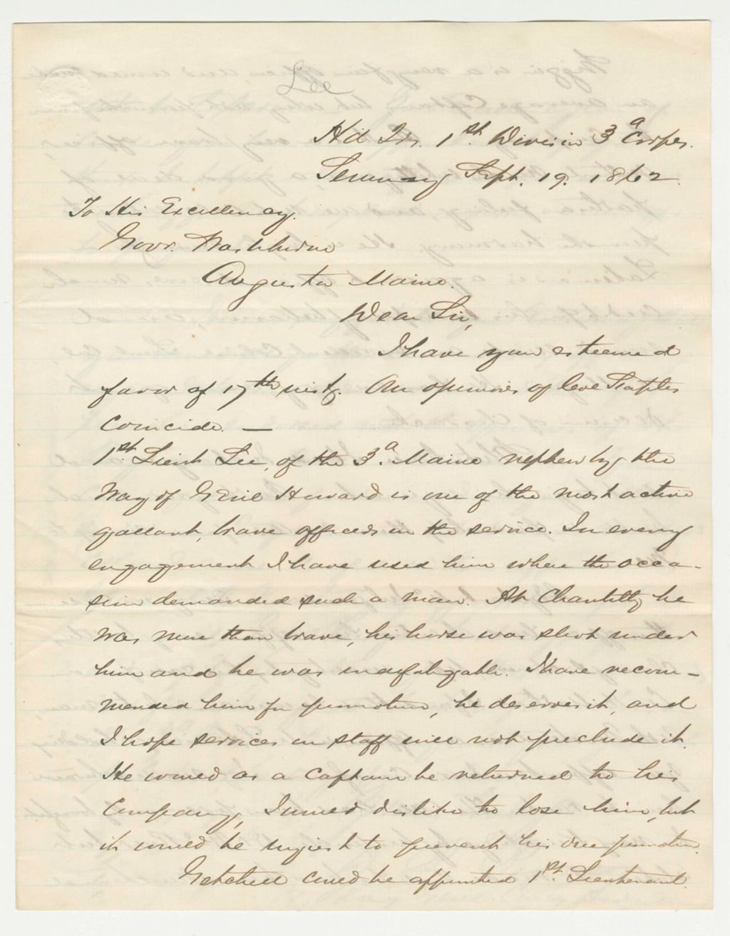 Miniature of Brigadier General Birney recommends Lieutenant S. Perry Lee for promotion to captain