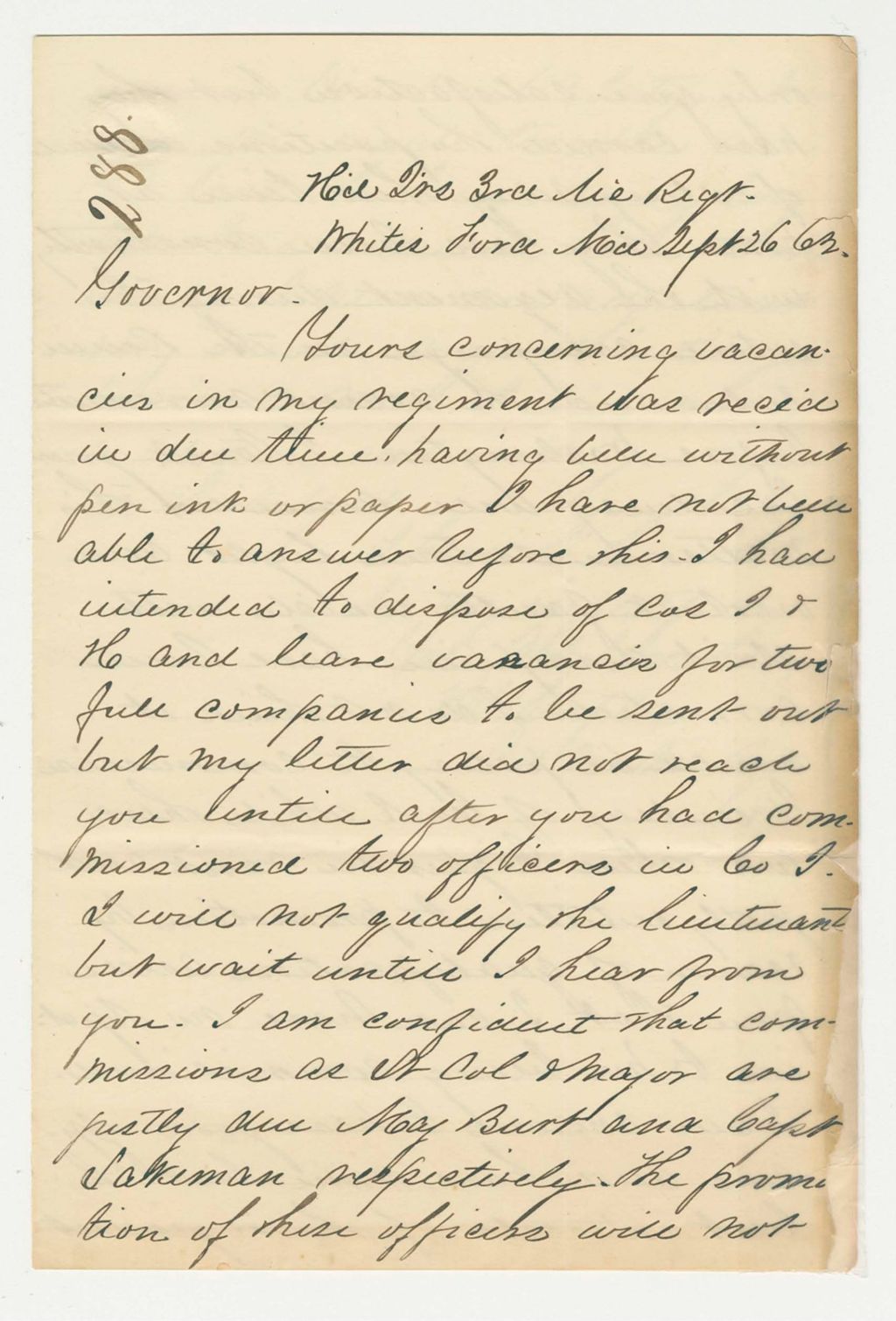 Miniature of Colonel Staples writes Governor Washburn regarding vacancies