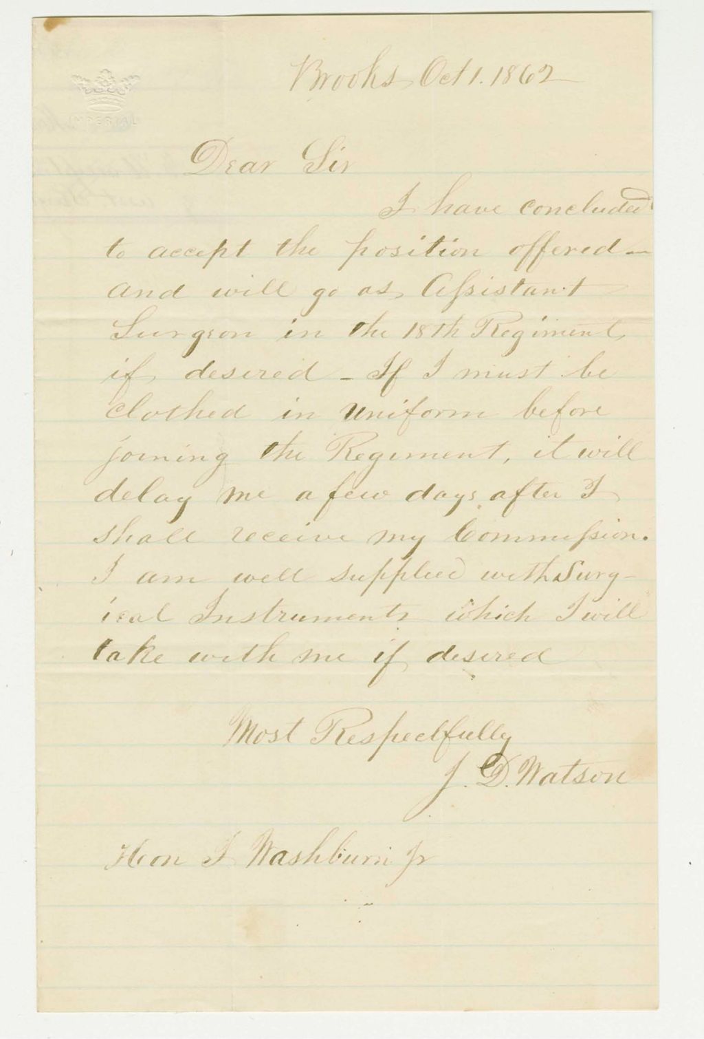 Miniature of Dr. J.D. Watson accepts a position as assistant surgeon in the 18th Regiment