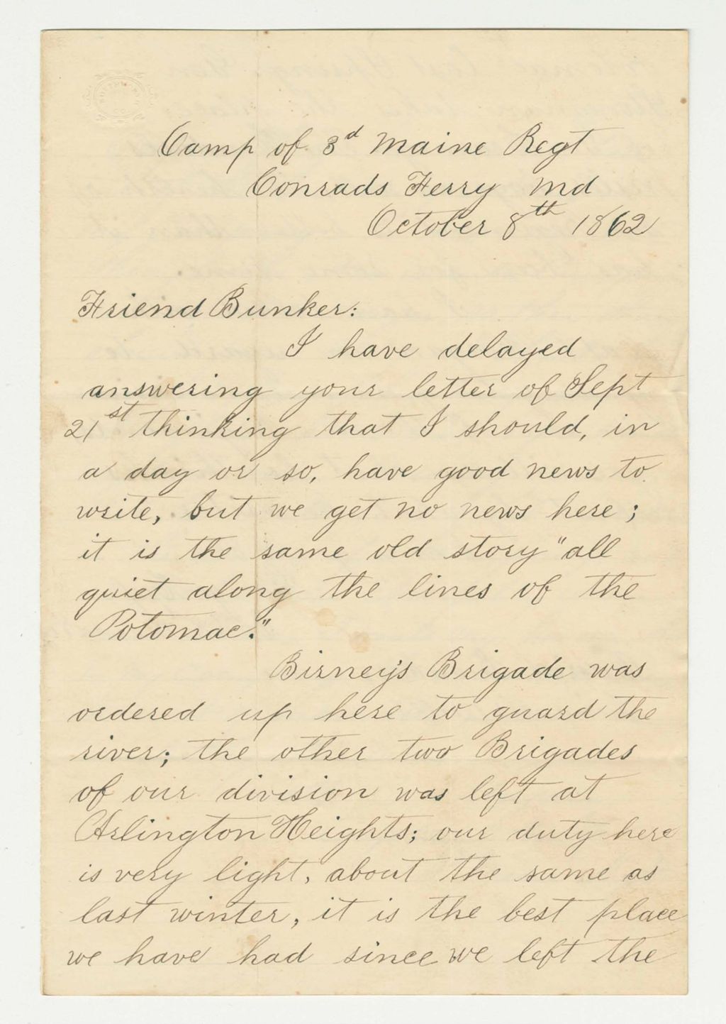 Miniature of George Keef writes his friend Daniel Bunker about the regiment