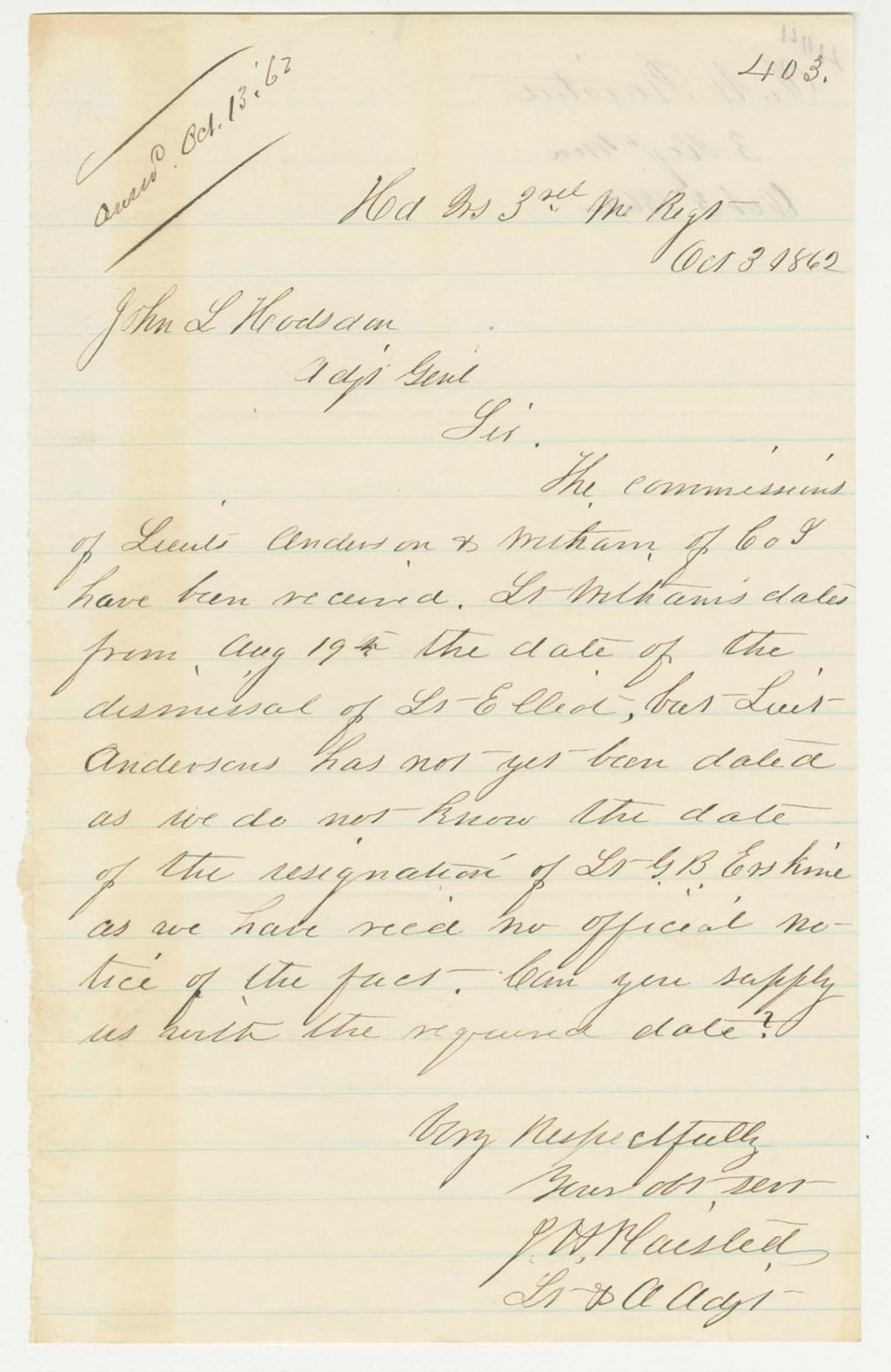 Miniature of Lieutenant Plaisted writes regarding commissions of Anderson and Witham