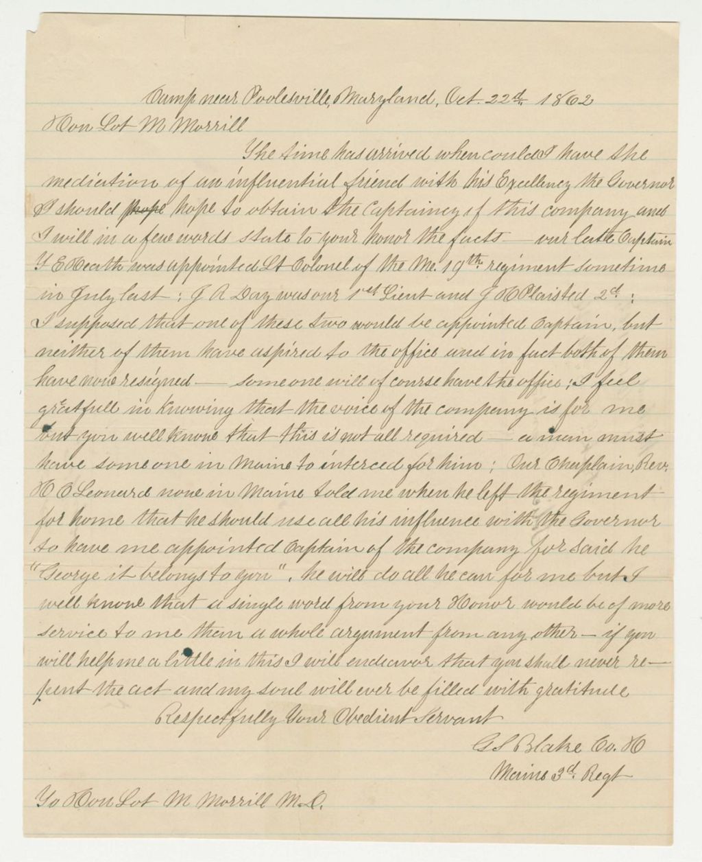 Miniature of G.S. Blake requests a promotion to Captain from Lot M. Morrill