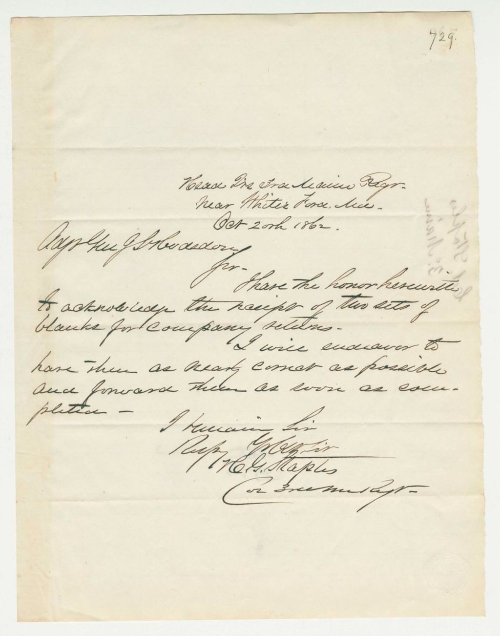 Miniature of Colonel Staples acknowledges receipt of blank returns