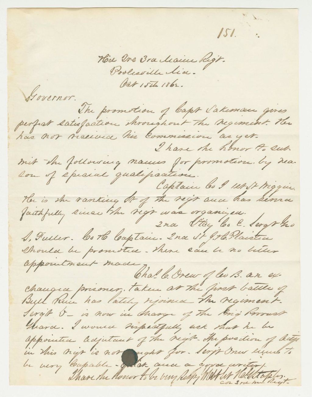Miniature of Colonel Staples reports on officers of the regiment