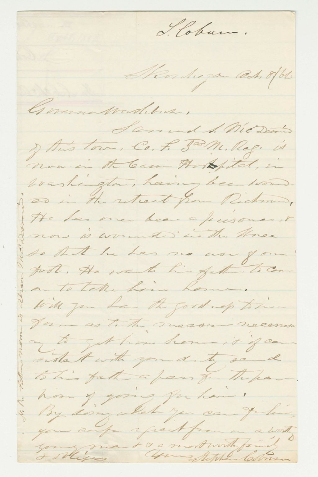 Miniature of Stephen Coburn requests that the wounded McDavid be sent home