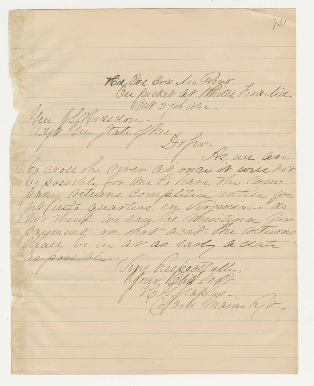 Miniature of Colonel Staples informs General Hodsdon the returns will be sent once the regiment crosses the river
