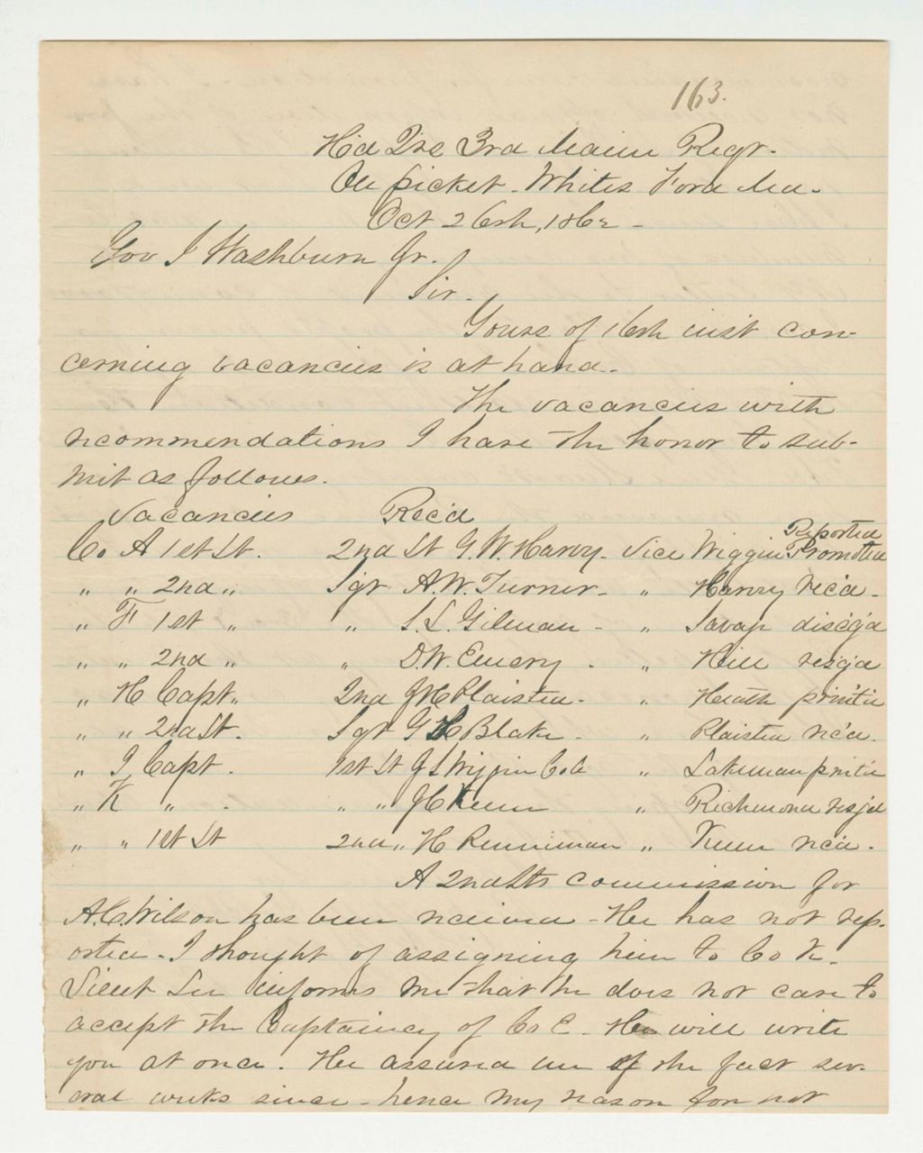 Miniature of Colonel Staples submits a list of vacancies