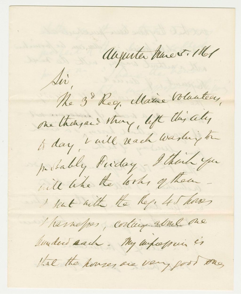 Miniature of Copy of a letter from Governor Washburn to the Secretary of War informing him the 3rd Maine Regiment has left for Washington