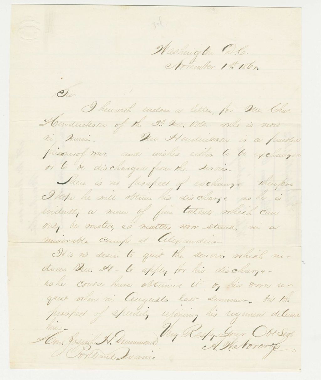 Miniature of A.W. Norcross forwards a letter from Charles Hendrickson requesting discharge