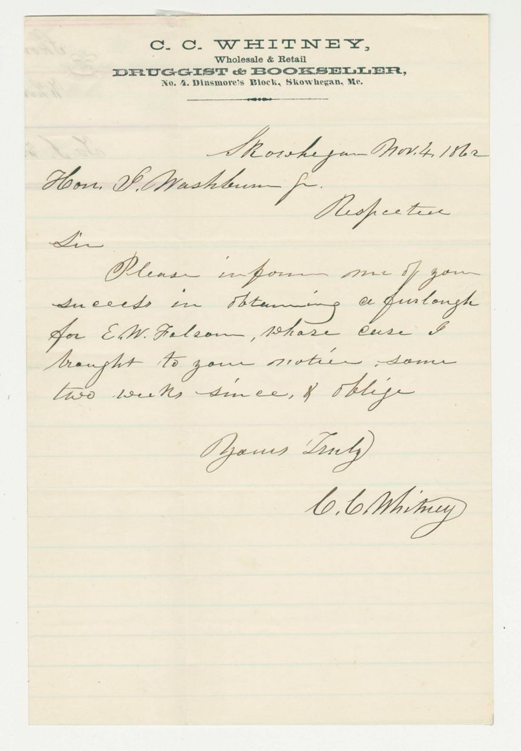 Miniature of C.C. Whitney requests a furlough for E.W. Folsom