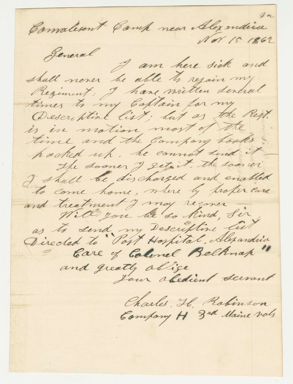 Miniature of Charles Robinson of Company H requests his descriptive list for discharge