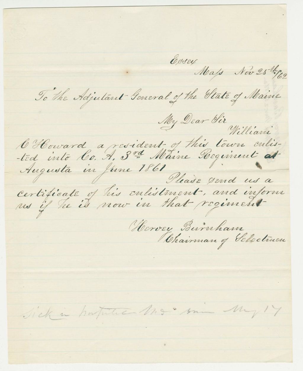 Miniature of Hervey Burnham requests a copy of William C. Howard's enlistment