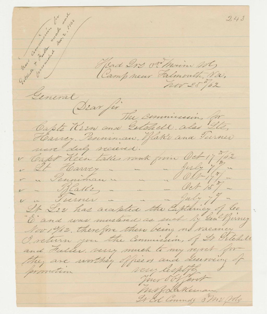 Miniature of Lieutenant Colonel Moses Lakeman sends commissions for Keen, Getchell, Harvey, Perriman, Blake, and Turner