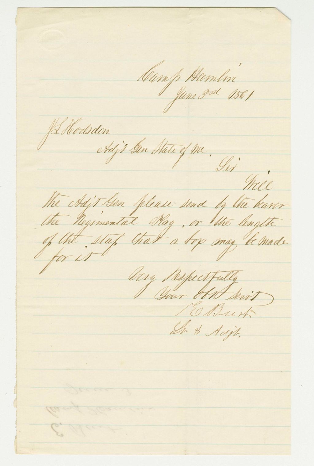 Miniature of Adjutant Edwin Burt requests a regimental flag and box