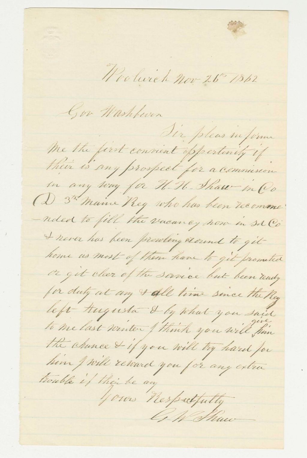 Miniature of G.W. Shaw inquires about a commission for H.H. Shaw in Company D