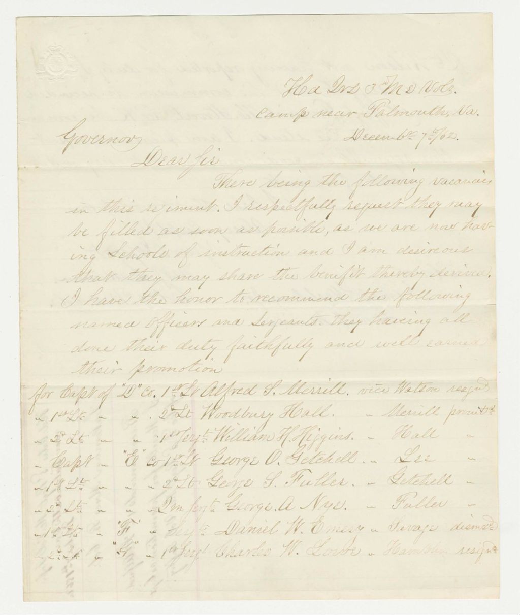 Miniature of Colonel Moses Lakeman requests that vacancies in the regiment be filled as soon as possible