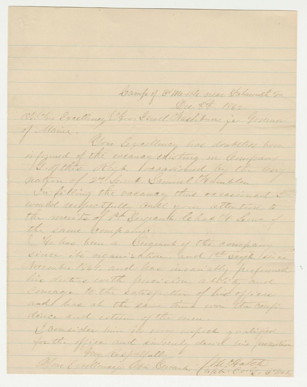 Miniature of Captain Hatch writes Governor Washburn regarding vacancies in the regiment