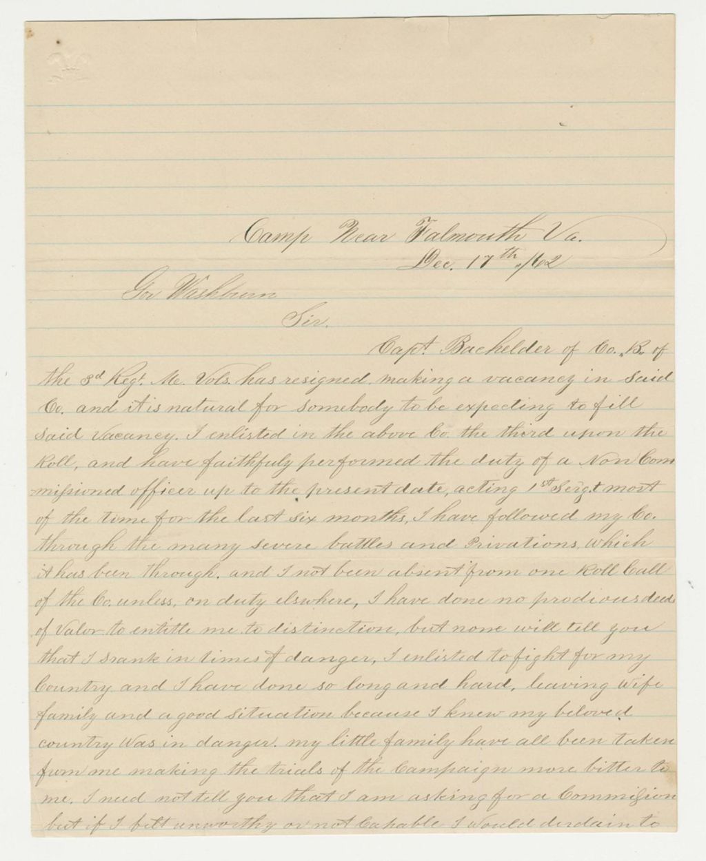 Miniature of Rufus Crockett writes Governor Washburn regarding vacancies in the regiment