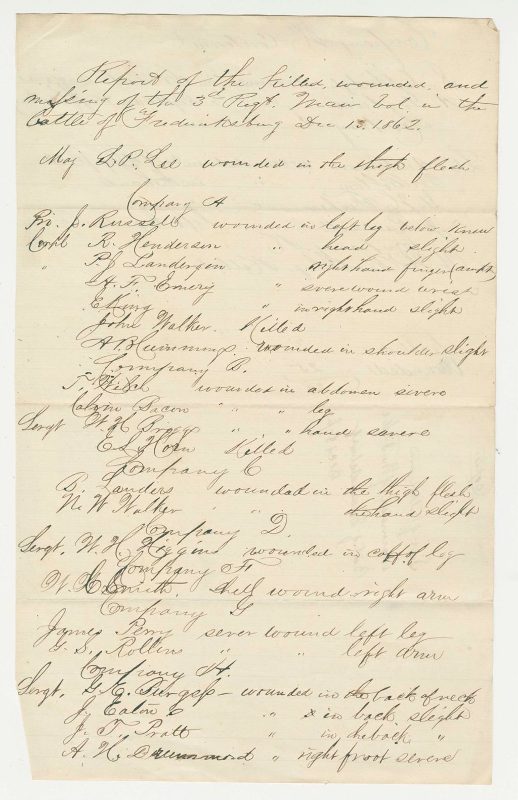 Miniature of Report Of the Killed, Wounded, and Missing of the 3rd Regt. Maine Vol. in the Battle of Fredericksburg